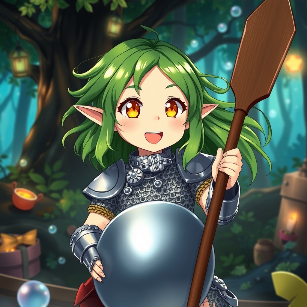 A 12-year-old girl elf character depicted in a charming Ghibli anime style, embodying excitement and hyperactivity