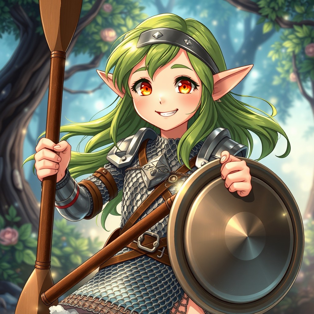 A 12-year-old girl elf depicted in a charming Ghibli anime style, full of excitement and hyperactivity
