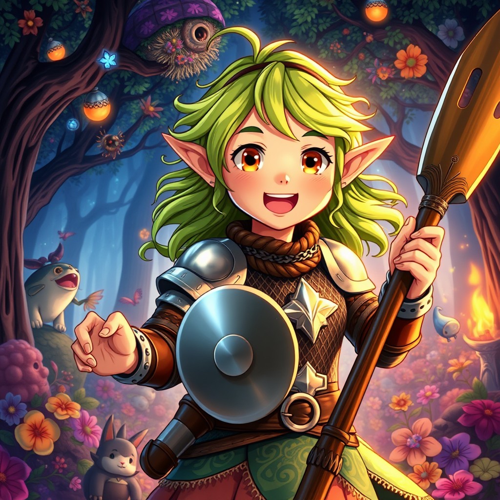 A 12-year-old girl elf illustrated in the delightful style of a Ghibli movie, radiating excitement and hyperactivity