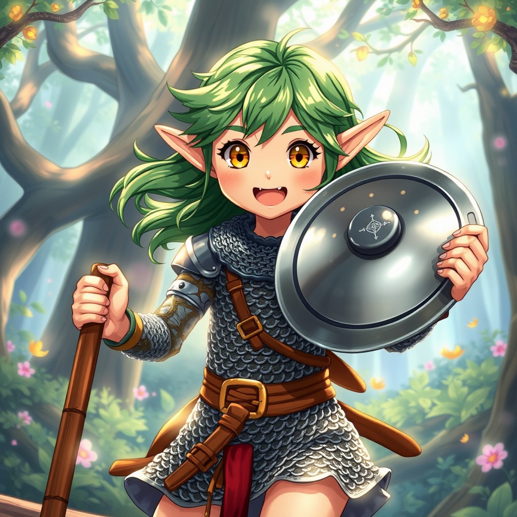 A 12-year-old girl elf illustrated in the whimsical style of a Ghibli movie, exuding excitement and hyperactivity