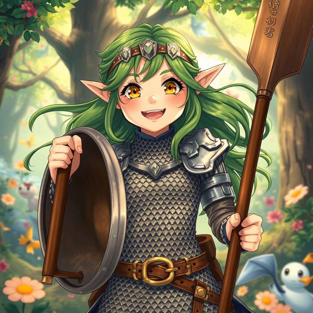 A 12-year-old girl elf illustrated in the enchanting style of a Ghibli movie, filled with excitement and hyperactive energy
