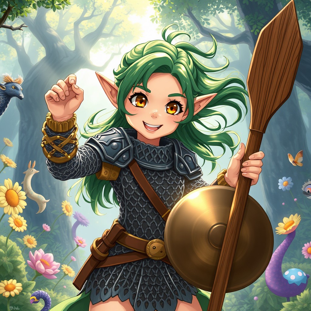 A 12-year-old girl elf drawn in the charming style of a Ghibli movie, brimming with excitement and hyperactive energy