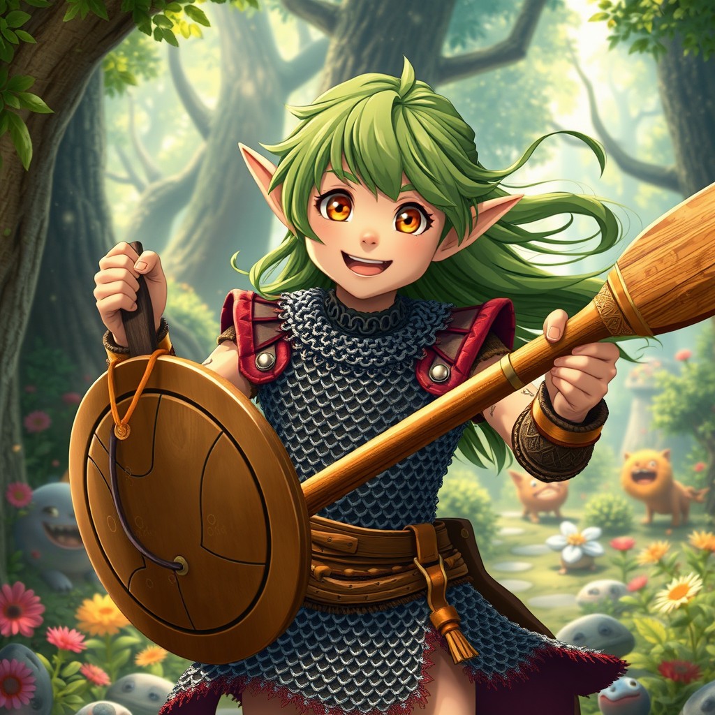 A 12-year-old girl elf depicted in the enchanting and whimsical style of a Ghibli movie, radiating excitement and hyperactivity