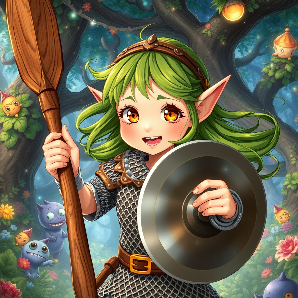 A 12-year-old girl elf illustrated in the captivating Ghibli movie style, radiating excitement and hyperactive energy