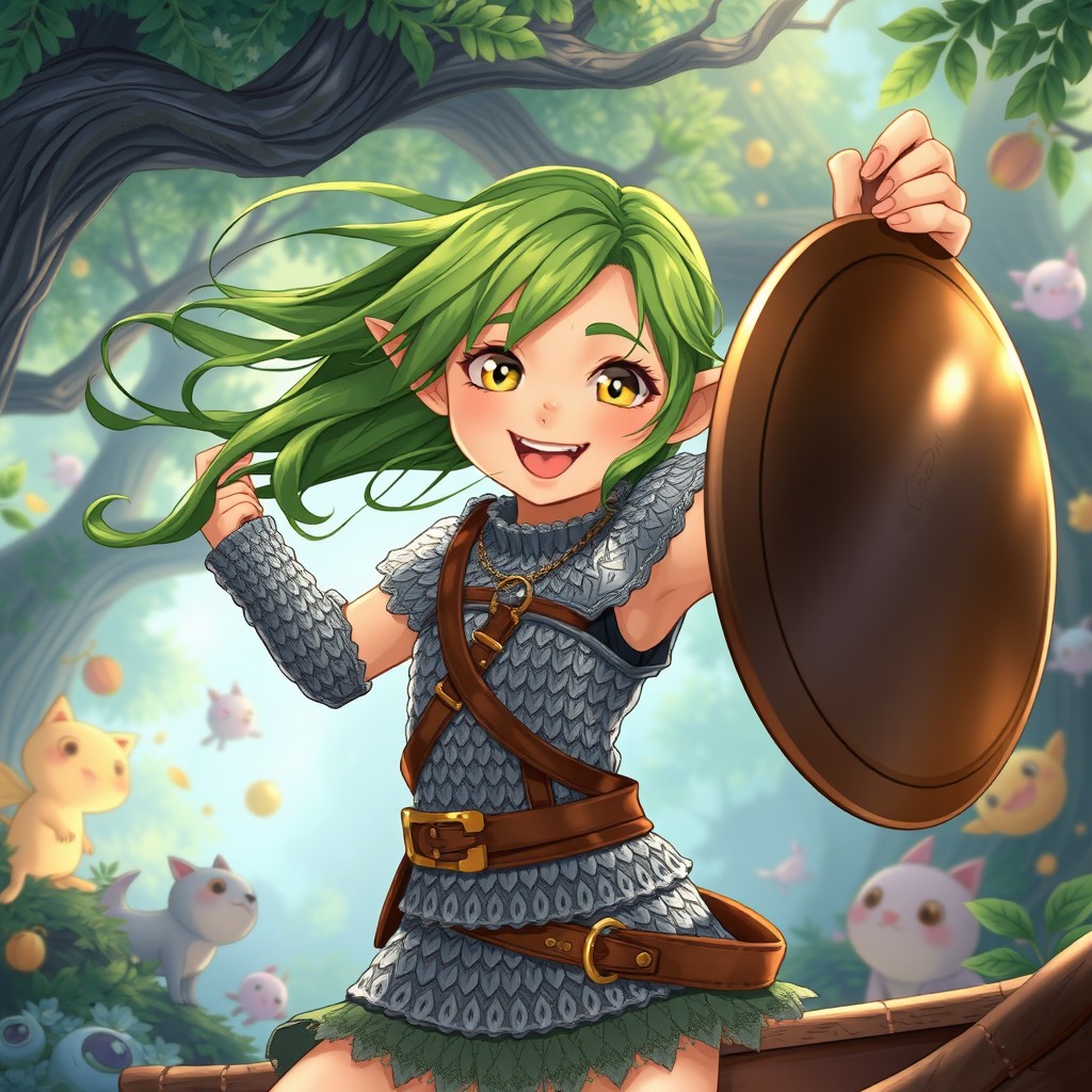 A 12-year-old girl elf illustrated in the enchanting Ghibli movie style, exuding excitement and hyperactive energy