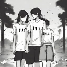 A profoundly moving scene of a boy and girl experiencing a breakup amidst a mournful setting. The boy's shirt, bearing 'July', echoes with yearning, while the girl's shirt, imprinted with 'March', signifies a poignant farewell.