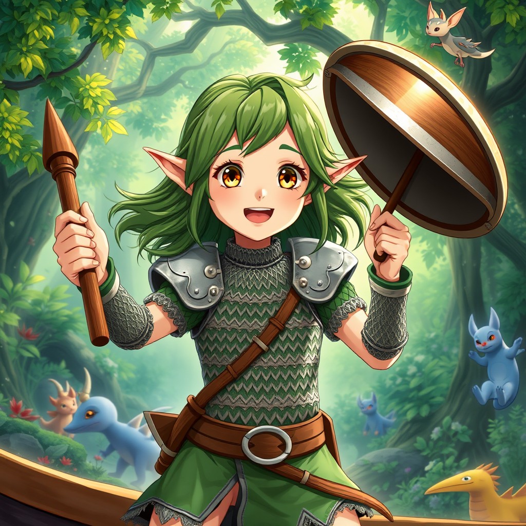 A 12-year-old girl elf illustrated in the delightful style of a Ghibli movie, bursting with excitement and hyperactive energy