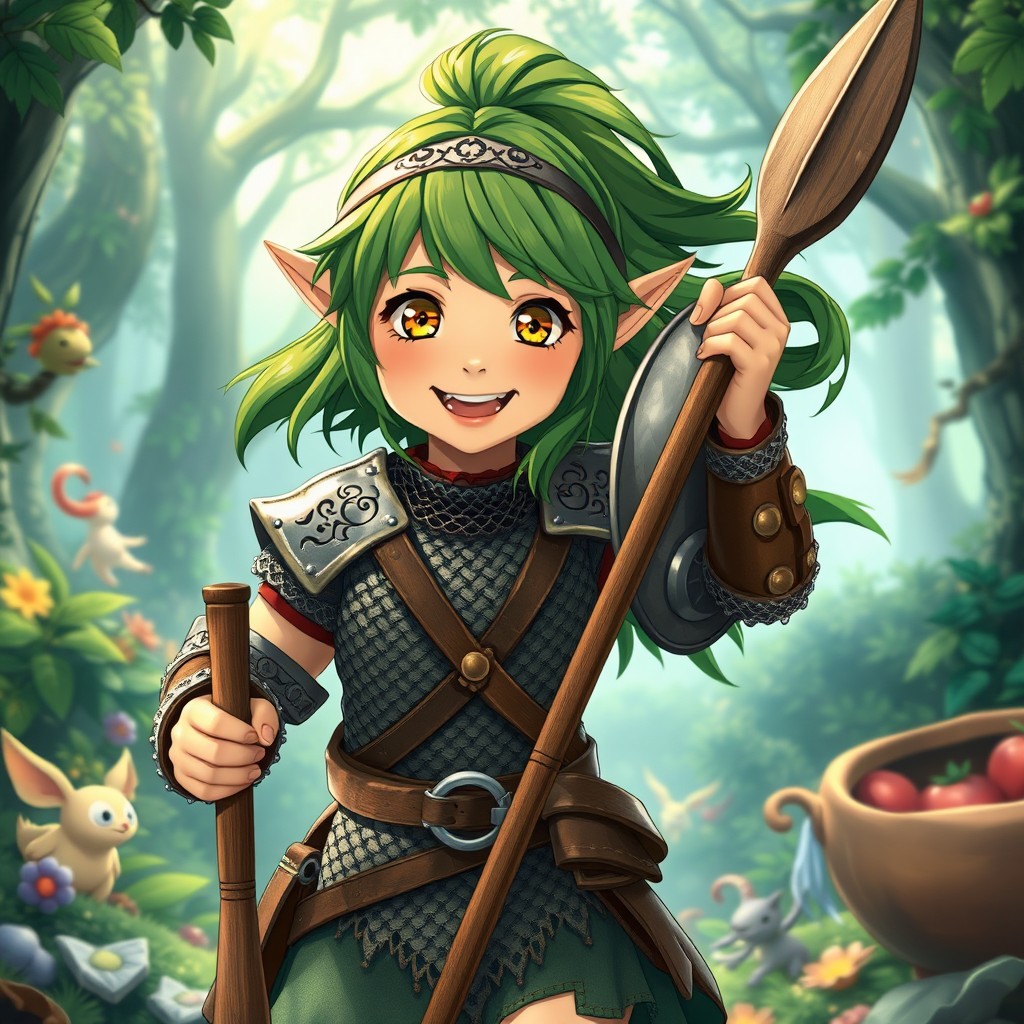 A 12-year-old girl elf depicted in the enchanting Ghibli movie style, full of excitement and hyperactive energy