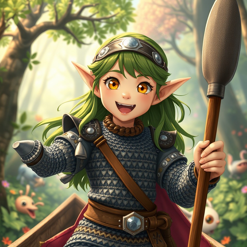 A 12-year-old girl elf depicted in the whimsical style of a Ghibli movie, radiating excitement and hyperactive energy