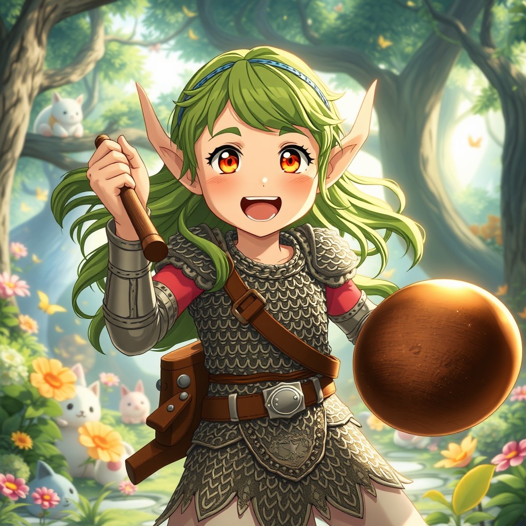 A 12-year-old girl elf in the whimsical style of a Ghibli movie, exuding excitement and hyperactivity