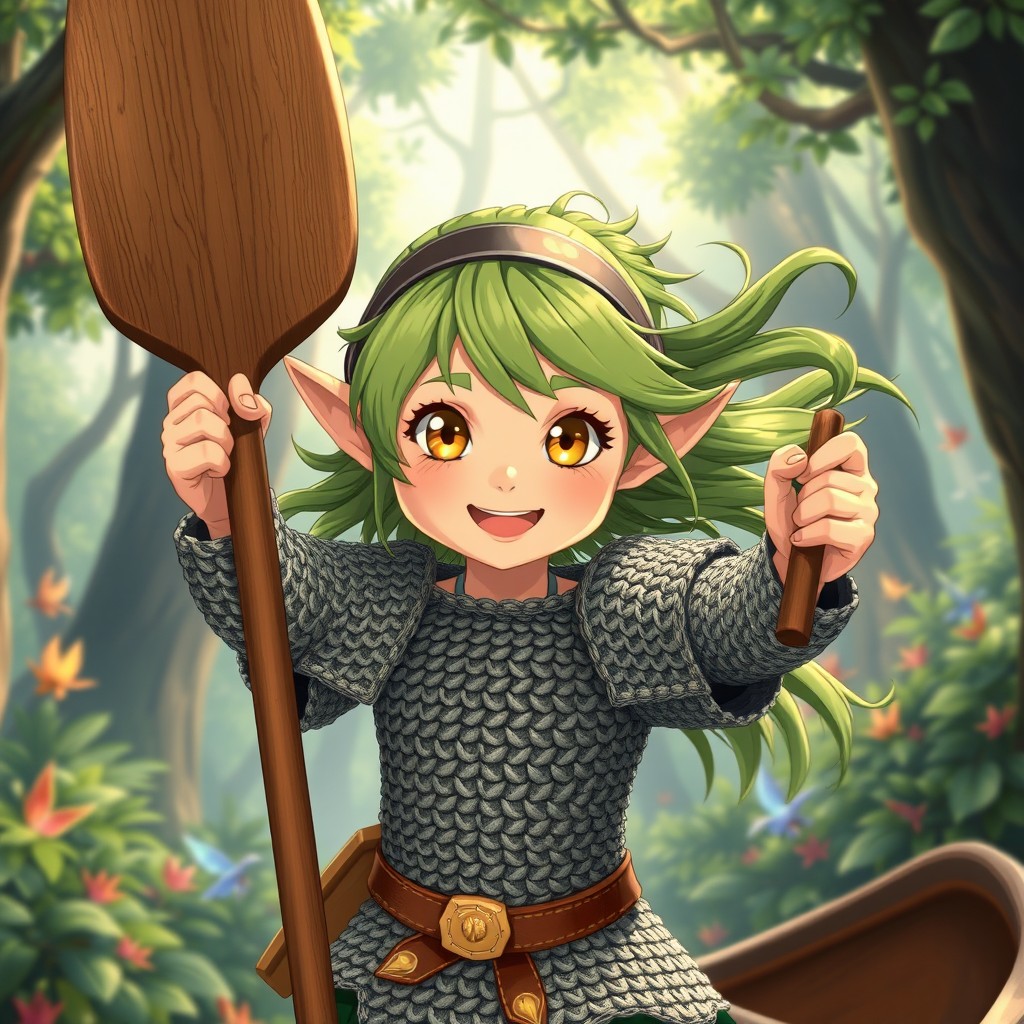 A 12-year-old girl elf in the charming Ghibli movie style, brimming with excitement and hyperactivity
