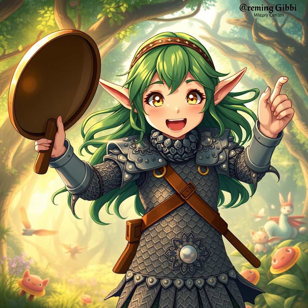 A 12-year-old girl elf illustrated in the enchanting Ghibli movie style, exuding excitement and hyperactivity