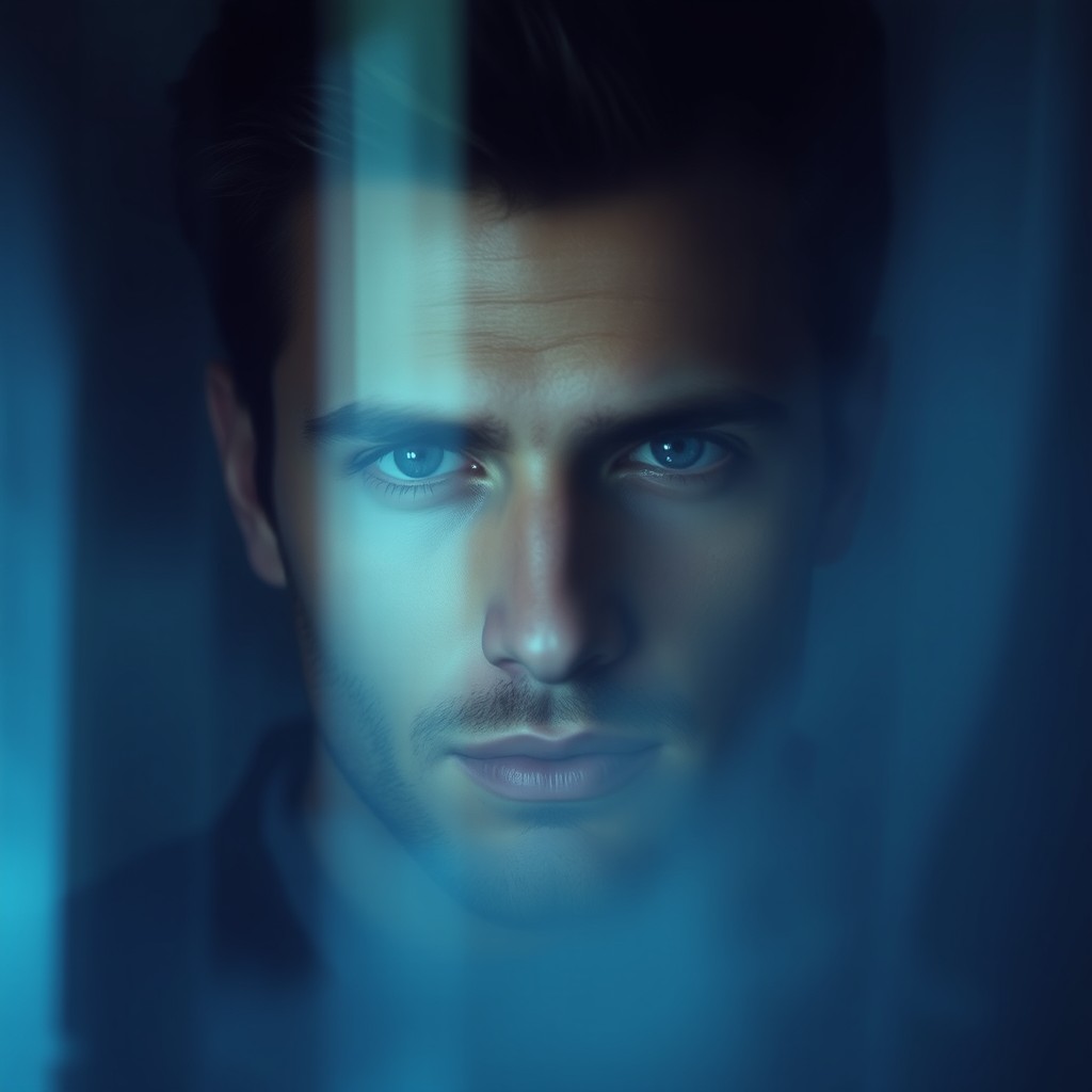 A masculine face barely visible behind fogged glass or thick mist, partially blurred as if being erased