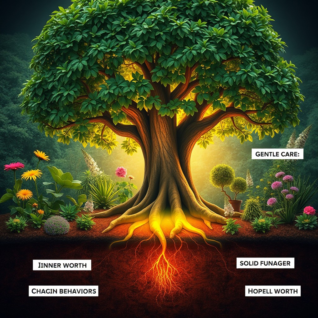 A vibrant garden featuring a large, strong tree in the center, with roots glowing warmly underground to symbolize deep inner worth