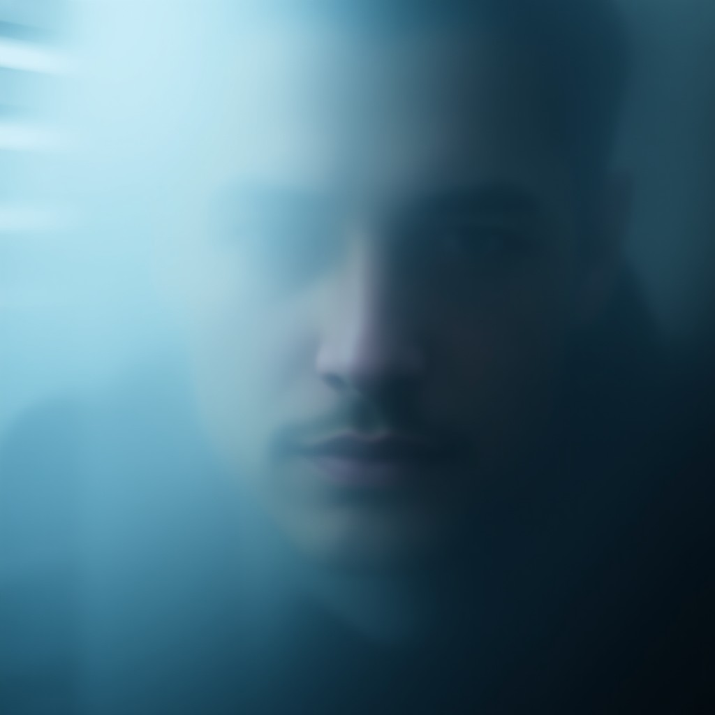 A male face barely visible behind foggy glass or immersed in thick fog, partially blurred as if it is being erased