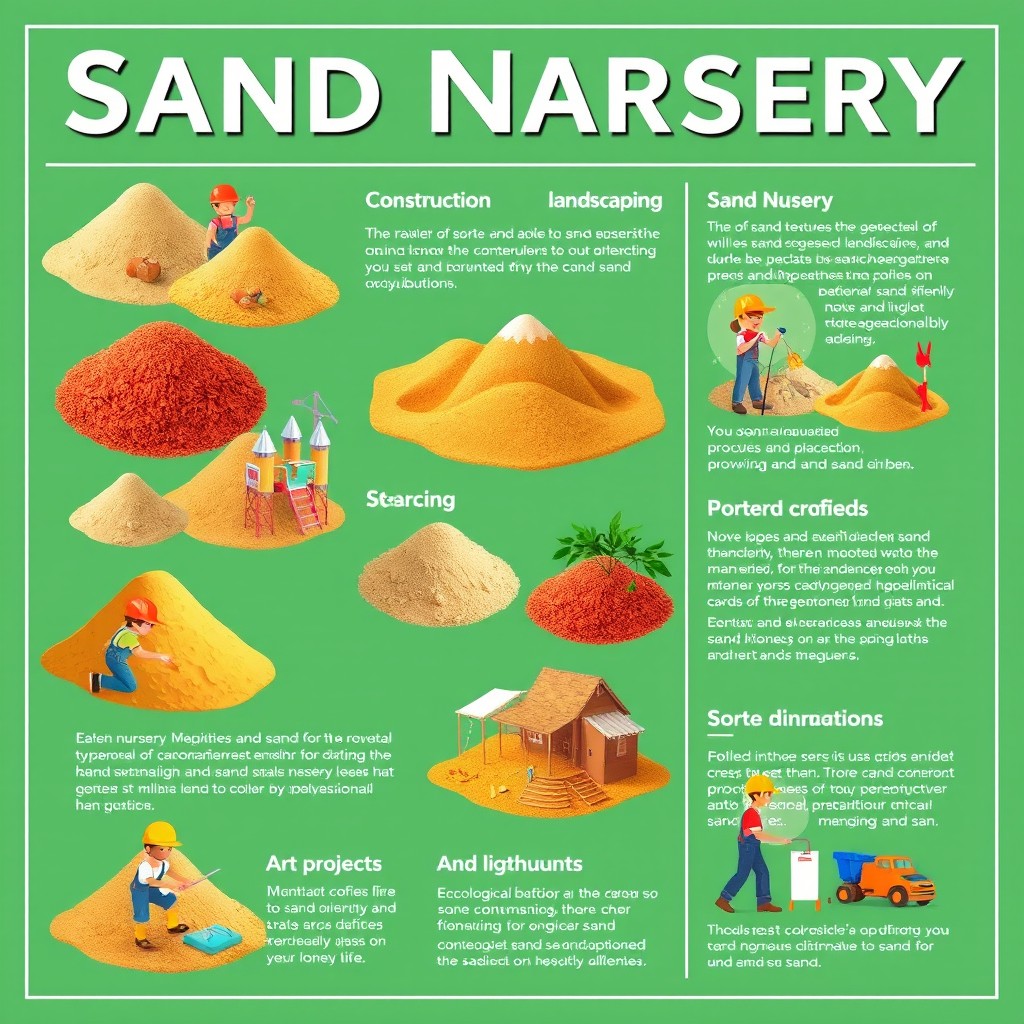 A vibrant and educational poster showcasing a sand nursery, featuring colorful images of various types of sand and their uses