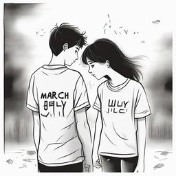 A profoundly moving scene of a boy and girl experiencing a breakup amidst a mournful setting. The boy's shirt, bearing 'July', echoes with yearning, while the girl's shirt, imprinted with 'March', signifies a poignant farewell.