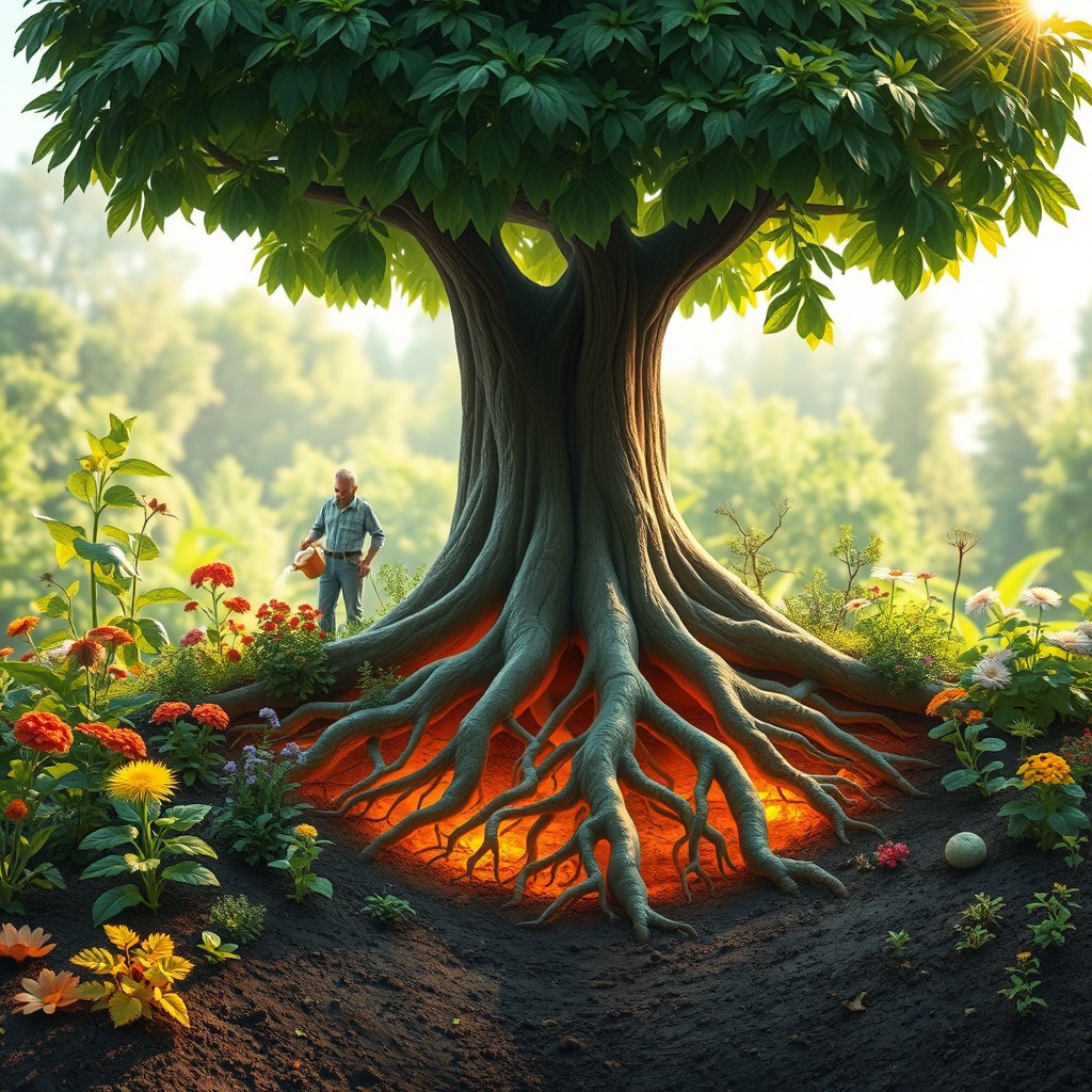 A vibrant garden featuring a large, strong tree at the center, emphasizing its deep roots that glow warmly underground, significantly larger than the above-ground portion