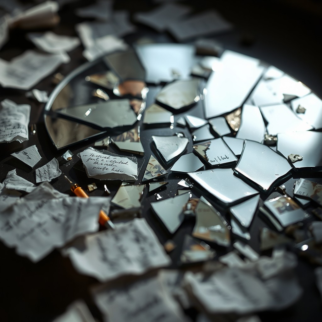 A close-up view of a broken mirror with shards scattered across a surface, accompanied by torn pieces of paper spread around