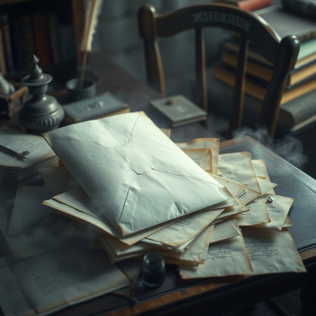 A detailed scene depicting a closed envelope or a pile of aged letters scattered on a cluttered desk, shrouded in a light mist