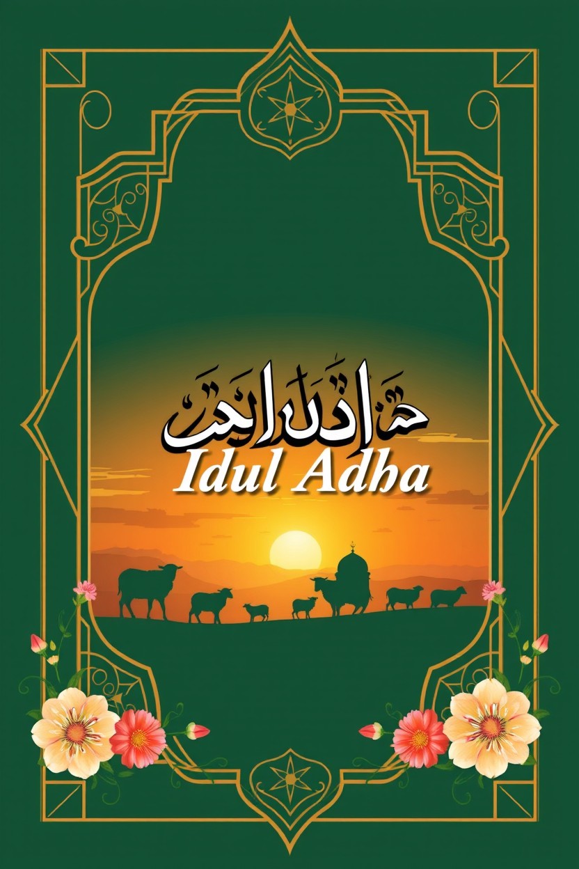 A beautifully designed cover for an Idul Adha sermon, featuring elegant Islamic geometric patterns in warm tones of gold and green