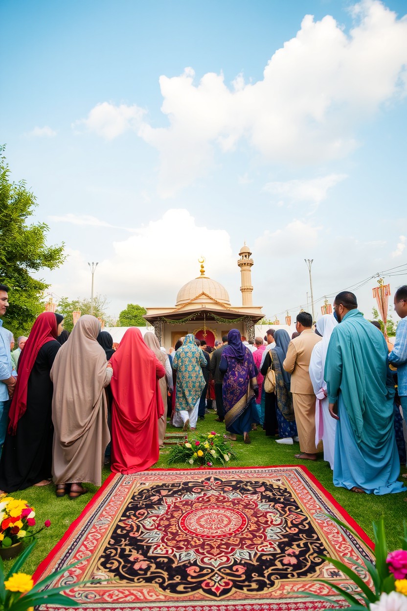 A serene and vibrant outdoor setting capturing the essence of Eid al-Adha, with a diverse group of people dressed in traditional festive attire, such as flowing robes and colorful scarves
