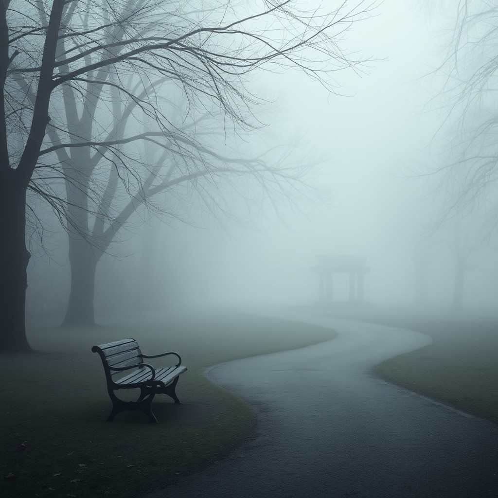 A desolate empty bench in a foggy park, surrounded by a mysterious atmosphere