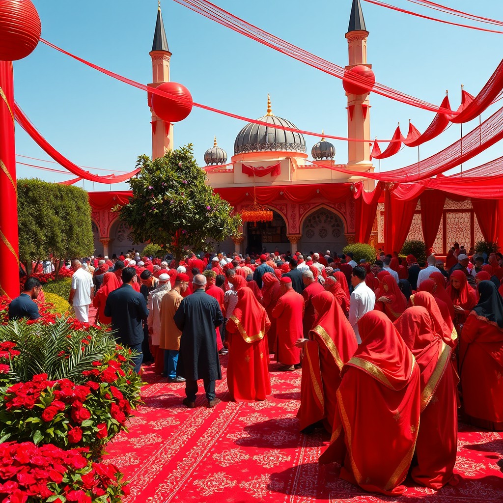 A vibrant and striking outdoor Eid al-Adha scene dominated by rich red hues