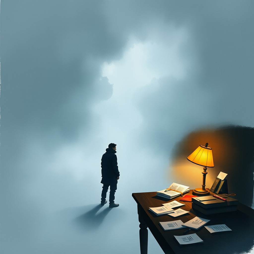 A watercolor illustration depicting a solitary silhouette standing amidst a dense fog, emphasizing the feeling of isolation and mystery