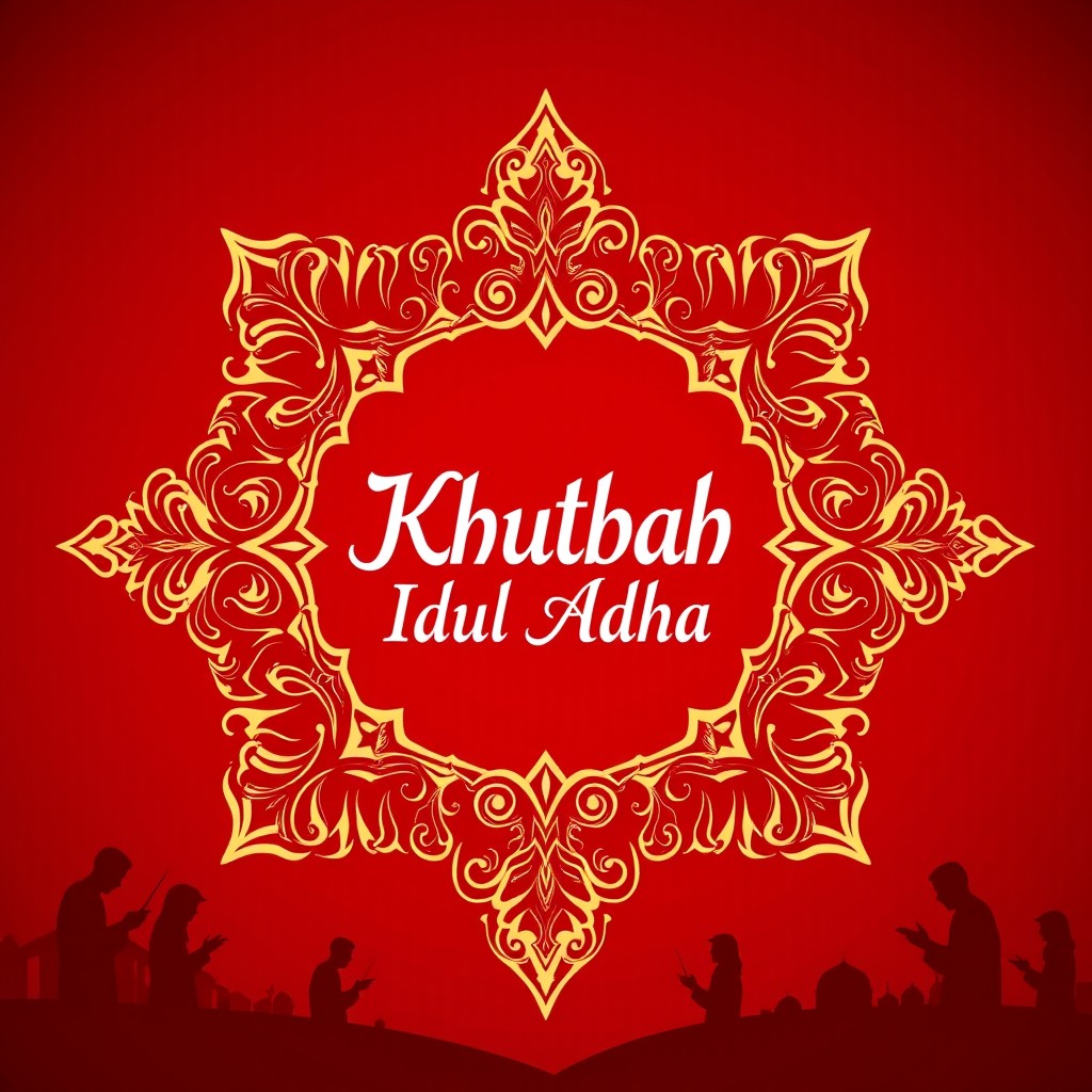 A captivating and vibrant cover design for Eid al-Adha, prominently featuring rich shades of red