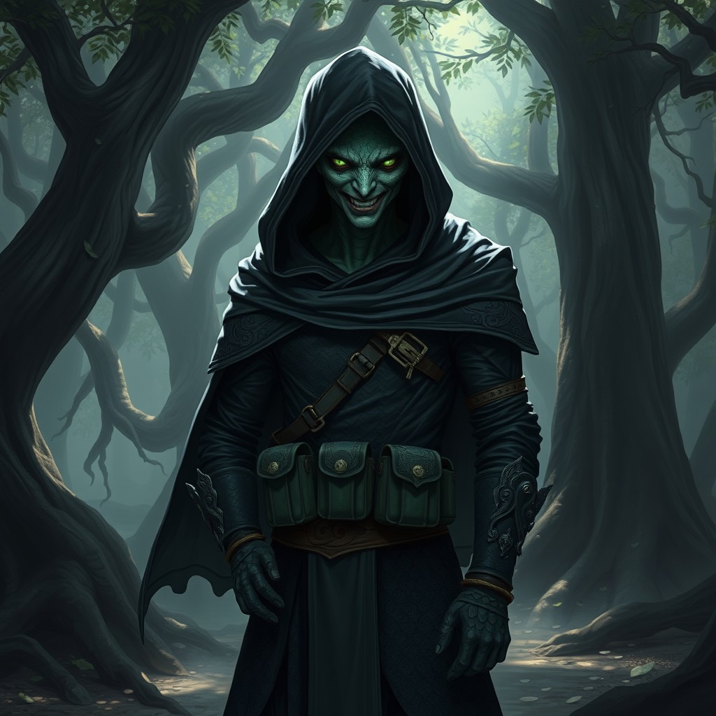 A cunning Yuan-Ti rogue, cloaked in shadow, with scales glistening faintly under dim light