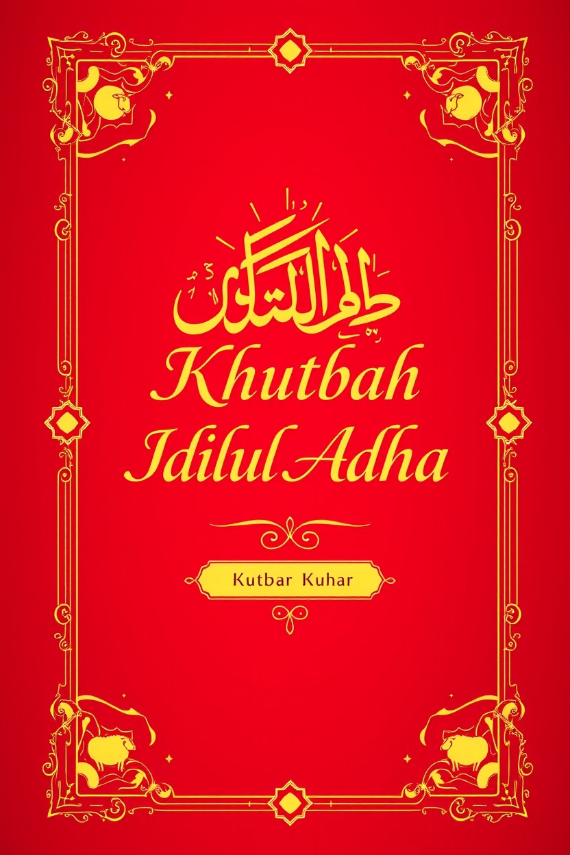 A vibrant and striking cover design for an Idul Adha khutbah, featuring a deep red background