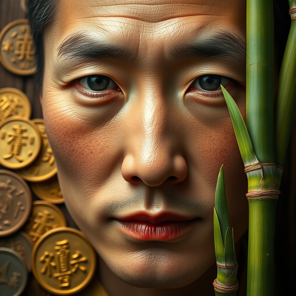 A photorealistic portrait of a person with a sharply defined nose resembling a knife edge (metal element), the outer part of their eyebrows featuring a light mole (water element)