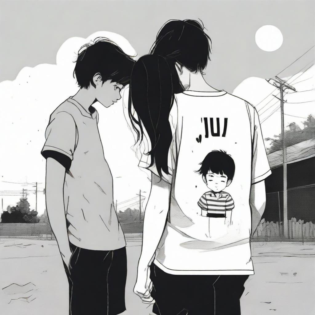 A profoundly moving scene of a boy and girl experiencing a breakup amidst a mournful setting. The boy's shirt, bearing 'July', echoes with yearning, while the girl's shirt, imprinted with 'March', signifies a poignant farewell.