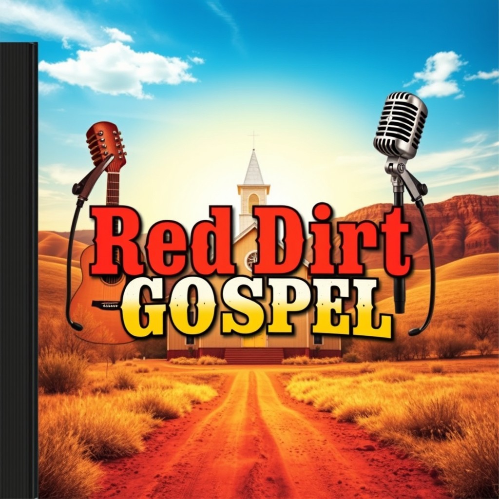 A vibrant CD cover design featuring a blend of rustic and spiritual elements that capture the essence of Red Dirt Gospel music