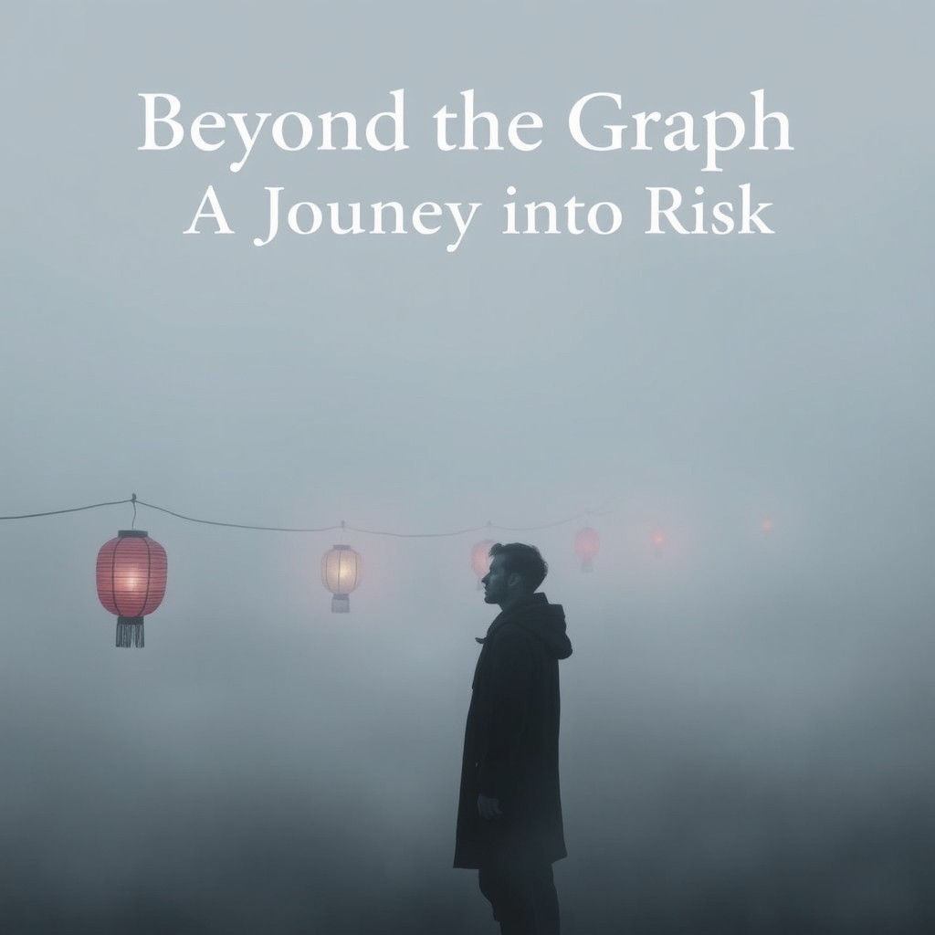 A philosophical poster titled "Beyond the Graph: A Journey into Risk" featuring a solitary figure standing with closed eyes in thick fog