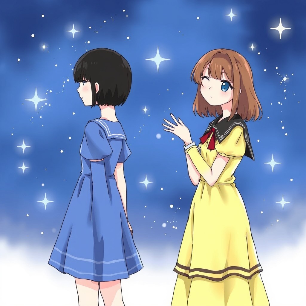 Two girls standing against a starry night sky, one wearing a yellow dress and the other in a blue dress