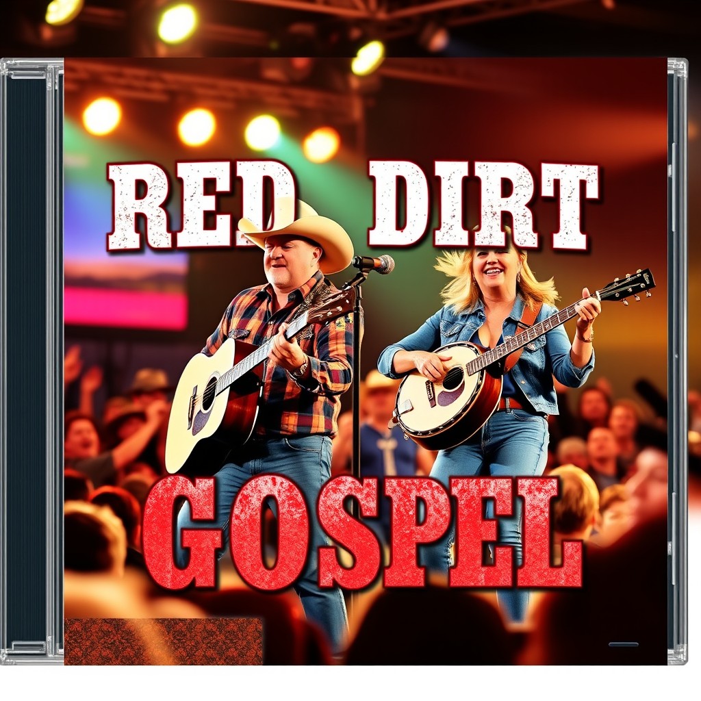 A vibrant CD cover design featuring a cowboy and cowgirl band performing energetically on stage, with bright lights illuminating the scene
