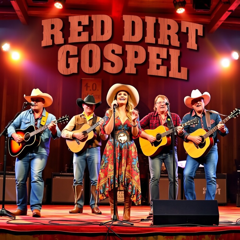 A lively country band performing on stage, featuring four rugged cowboys and one spirited cowgirl