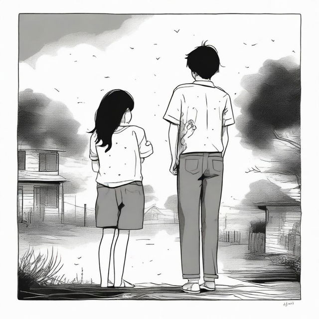 A profoundly moving scene of a boy and girl experiencing a breakup amidst a mournful setting. The boy's shirt, bearing 'July', echoes with yearning, while the girl's shirt, imprinted with 'March', signifies a poignant farewell.