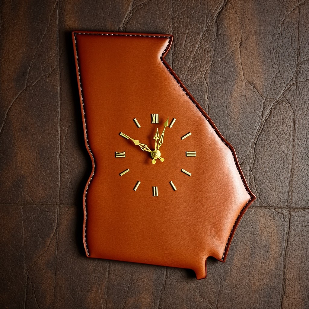 A unique leather wall clock featuring the contours of the state of Georgia, showcasing an artistic rendering that highlights the state's unique shape