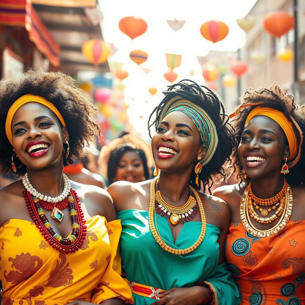 A vibrant and lively scene showcasing gorgeous African women celebrating in a lively street festival