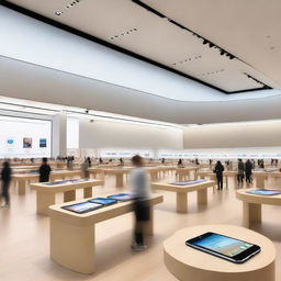 A bustling Apple Store with sleek, shiny iPhones on display