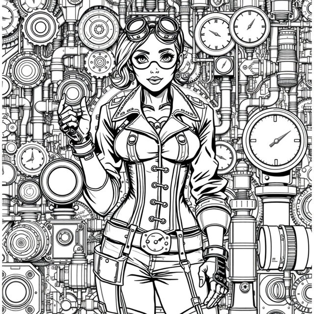 A black and white line art coloring page featuring a steampunk woman exuding a strong mechanical aesthetic