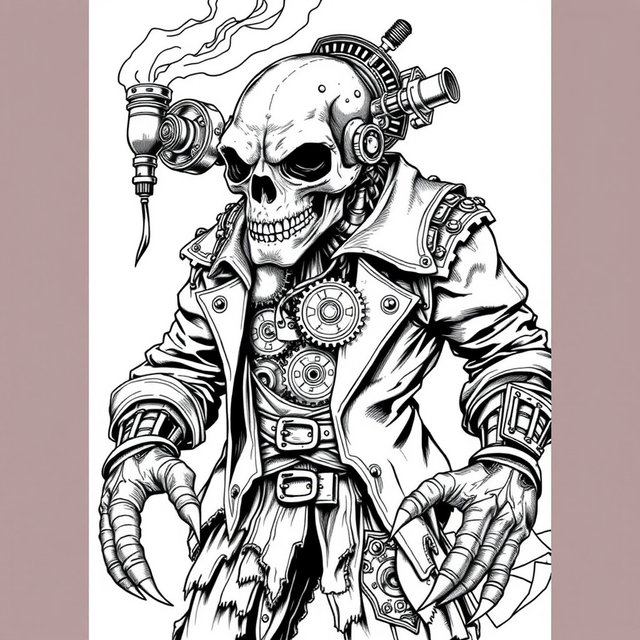 A detailed black and white steampunk coloring page featuring a humanoid monster with exposed gears and a half-metal skull