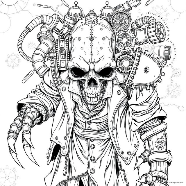 A detailed black and white steampunk coloring page featuring a humanoid monster with exposed gears and a half-metal skull
