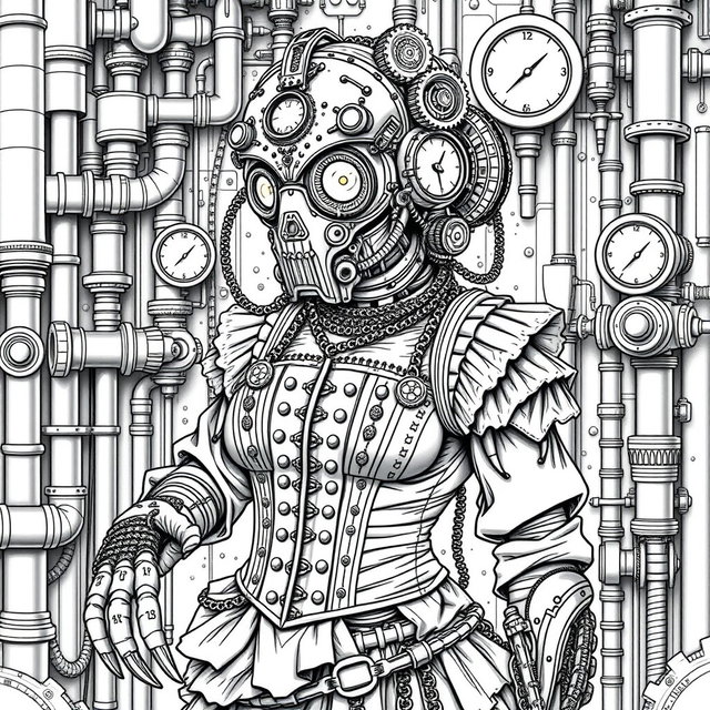 A highly detailed black and white line art coloring page featuring a female steampunk monster in humanoid form