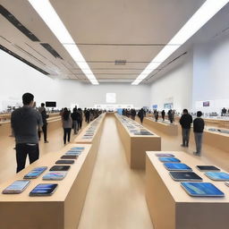 A bustling Apple Store with sleek, shiny iPhones on display