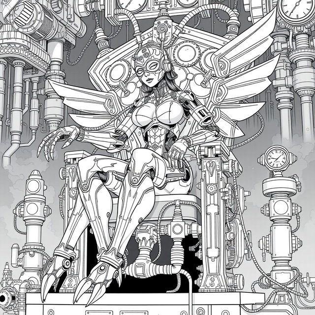 A highly detailed black and white line art coloring page featuring a female steampunk cyborg monster sitting elegantly on a grand mechanical throne