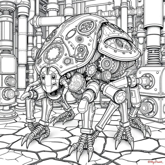 A highly detailed coloring page depicting a steampunk insectoid monster that combines elements of a beetle and a robot